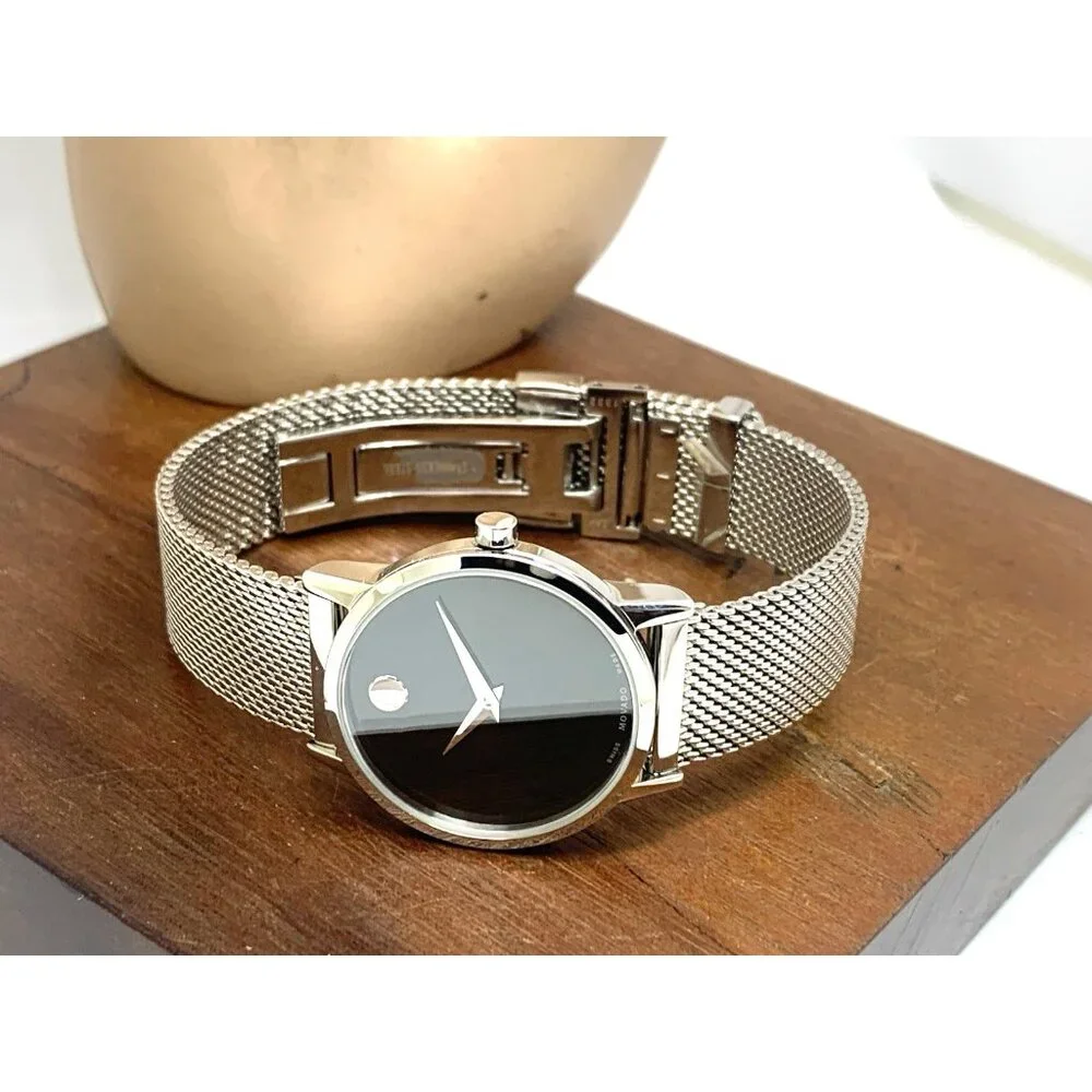 Movado Women's Watch 0607220 Black Dial Swiss Quartz 28mm Silver Mesh Band